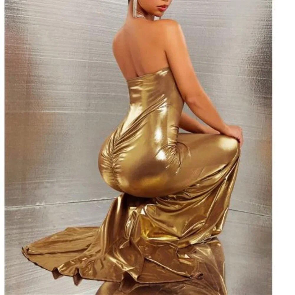 NEW -‎ Elegant Gold Corset Detail Ultra Long Dress - Picture 2 of 9